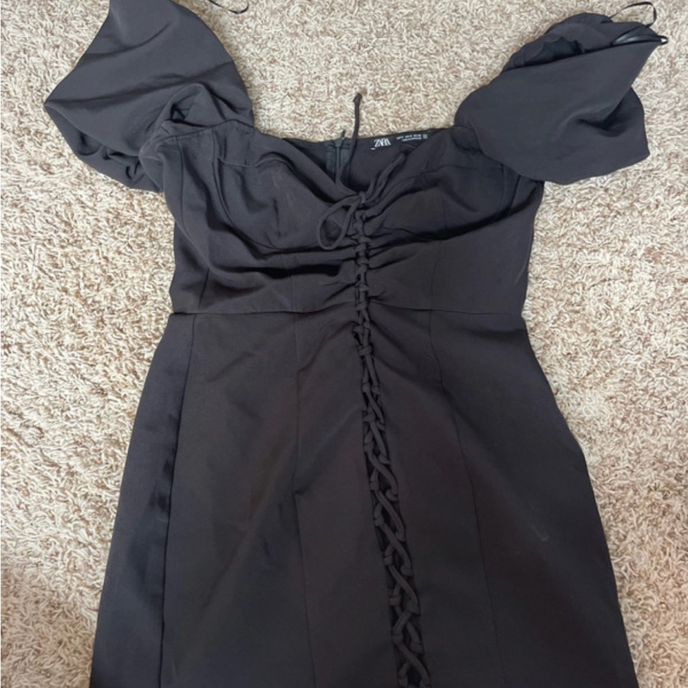 Zara Black Lace-Up Puff Sleeve mini Dress